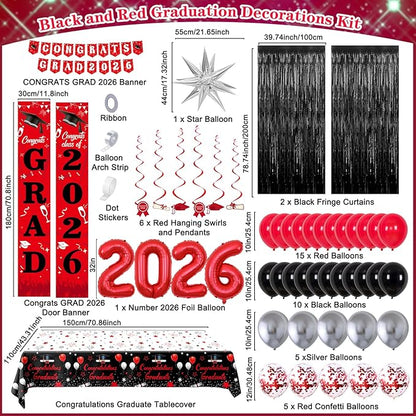 Graduation Decorations 2026, Red and Black Grad Decorations Class of 2026, Graduation Party Decorations with Congrats GRAD 2026 Banner Tablecover Balloons for High School Senior Nurse College