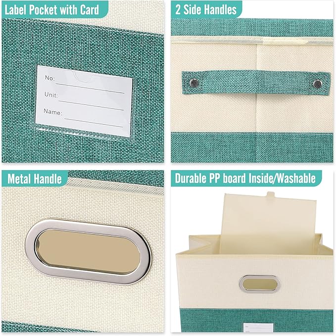 Large Linen Fabric Foldable Storage Bins with Removable Lid and Handles, Washable Storage Box Organizer Containers Baskets Cube with Cover for Bedroom,Closet,Office (Turquoise&Cream, Large)