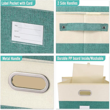 Large Linen Fabric Foldable Storage Bins with Removable Lid and Handles, Washable Storage Box Organizer Containers Baskets Cube with Cover for Bedroom,Closet,Office (Turquoise&Cream, Large)