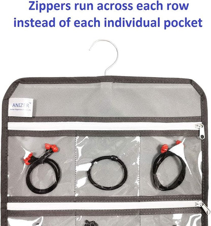 Travel Foldable Jewelry Rolls Bag Hanging Jewelry Organizer with 9 Zippered Clear Pockets Storage Pouch with Rotatable Hanger (GREY)