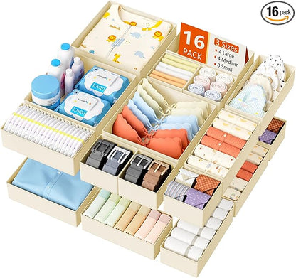 DIMJ Drawer Organizer Clothes - 16 Pack Baby Dresser Organizer for Nursery, Foldable Drawer Organizer Bins for Closet Bedroom Organization, Fabric Clothes Storage Dividers for Underwears, Socks, Bras