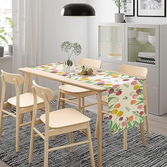 Tulips Spring Table Runner, Rustic Farmhouse Watercolor Botanical Colorful Tulips Olive Leaves Summer Garden Table Cover For Kitchen Dinning Table Indoor Outdoor Party Wedding Decor, 13x120inch