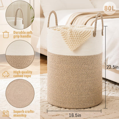 Laundry Basket,Woven Cotton Rope Laundry Hamper,80L for Decorative Storage of Dirty Clothes,Toys and Blankets in Bathroom,Baby Room and Living Room