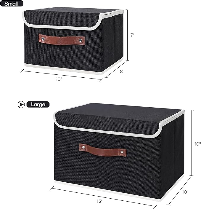 ANMINY Storage Bin with Lid Storage Boxes with PU Leather Handles PP Plastic Board Decorative Foldable Lidded Cotton Linen Fabric Home Cubes Baskets Closet Organizer Container - Black, Large Size