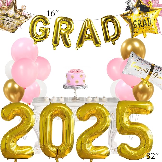 Pink and Gold Themed Graduation Balloon Garland Arch Kit with Large foil Balloons for High School College students graduate class of 2025 Prom Congrats Party Decorations Backdrop (Pink white gold)