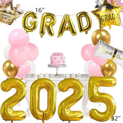 Pink and Gold Themed Graduation Balloon Garland Arch Kit with Large foil Balloons for High School College students graduate class of 2025 Prom Congrats Party Decorations Backdrop (Pink white gold)