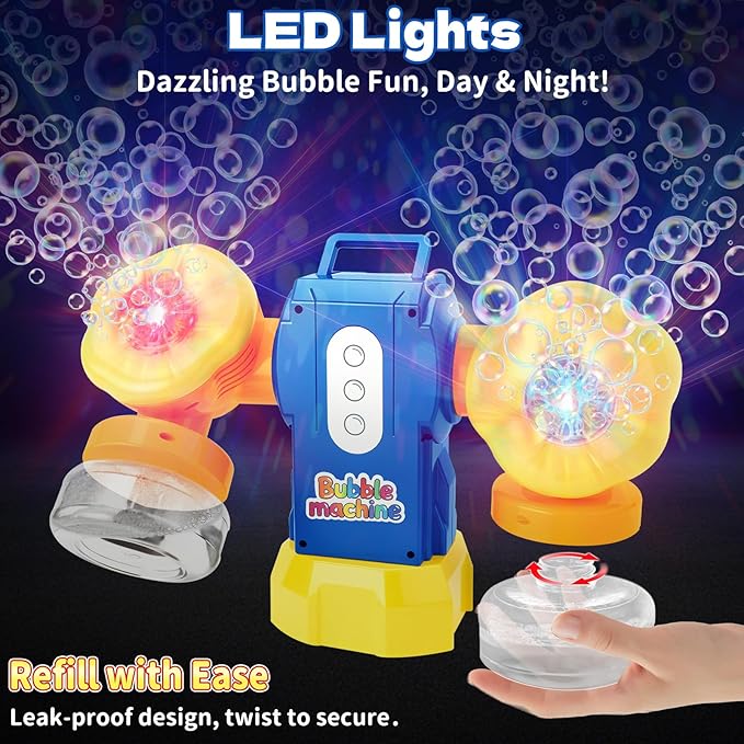 Rechargeable Bubble Machine for Kids, Dual Switch Control, Automatic 360° Rotation & 90° Adjustable Bubble Blower Maker with LED Lights Indoor Outdoor Toy Gift for Birthday Wedding Parties