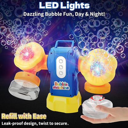 Rechargeable Bubble Machine for Kids, Dual Switch Control, Automatic 360° Rotation & 90° Adjustable Bubble Blower Maker with LED Lights Indoor Outdoor Toy Gift for Birthday Wedding Parties