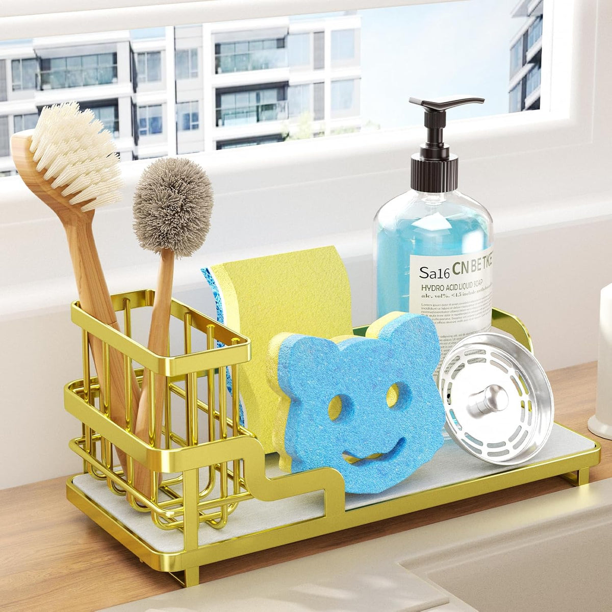 Consumest Sponge Holder for Kitchen Sink - Sink Caddy Organizer with Water Absorbing Stone Tray, Detachable Brush Holder, Stainless Steel Kitchen Counter Organizer Rack, Gold