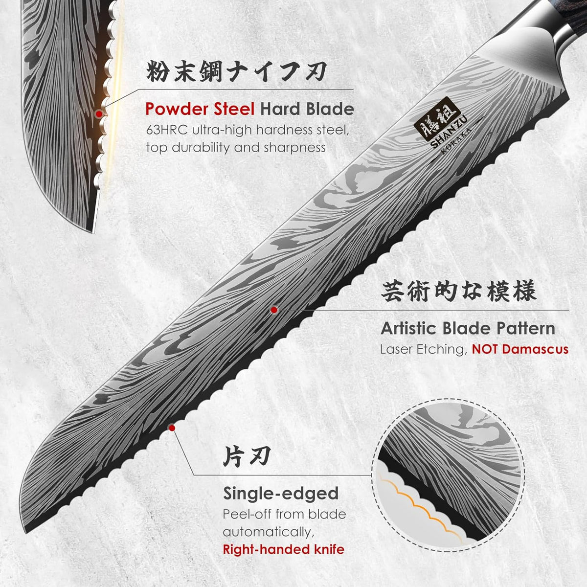 Shan ZU 10 inch Bread Knife in Powder Steel, Serrated Bread Knife for Homemade Bread Sourdough Ultra Sharp Bread Slicer Knives with Ergonomic