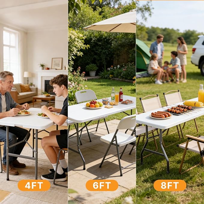 Sweetcrispy 4 FT Folding Picnic Table Easy to Fold and Store, Foldable Table for Camping Picnic Dining Party Kitchen Outdoor Indoor with Carrying Handle