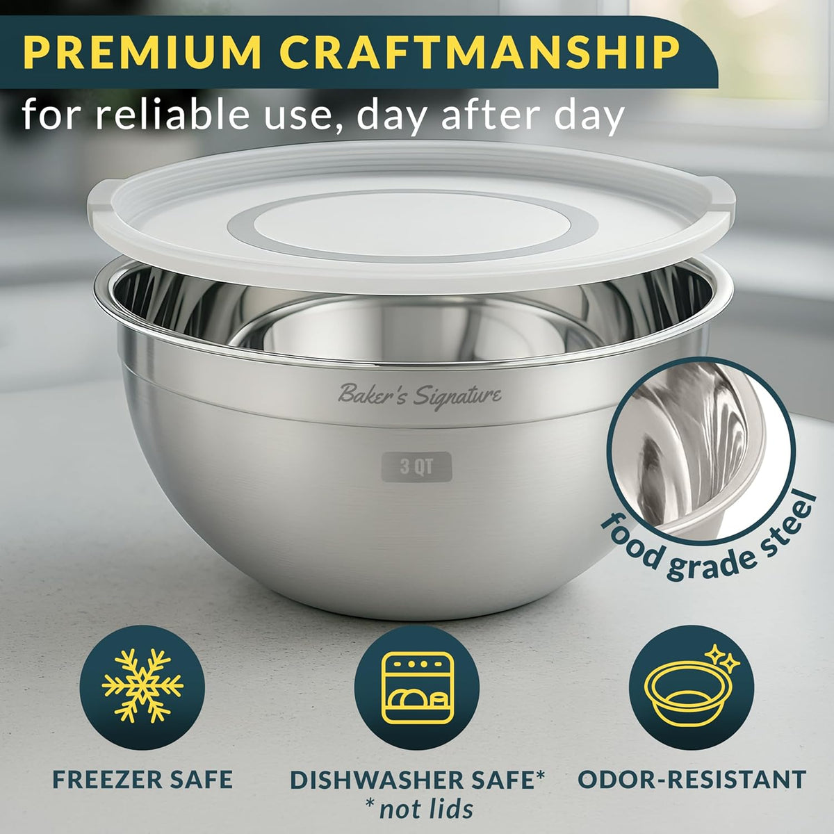 Baker's Signature Stainless Steel Mixing Bowls With Lid, Metal Mixing Bowl Set Of 3, Nesting Set For Food Prep, Baking,Storage, Cooking, Serving