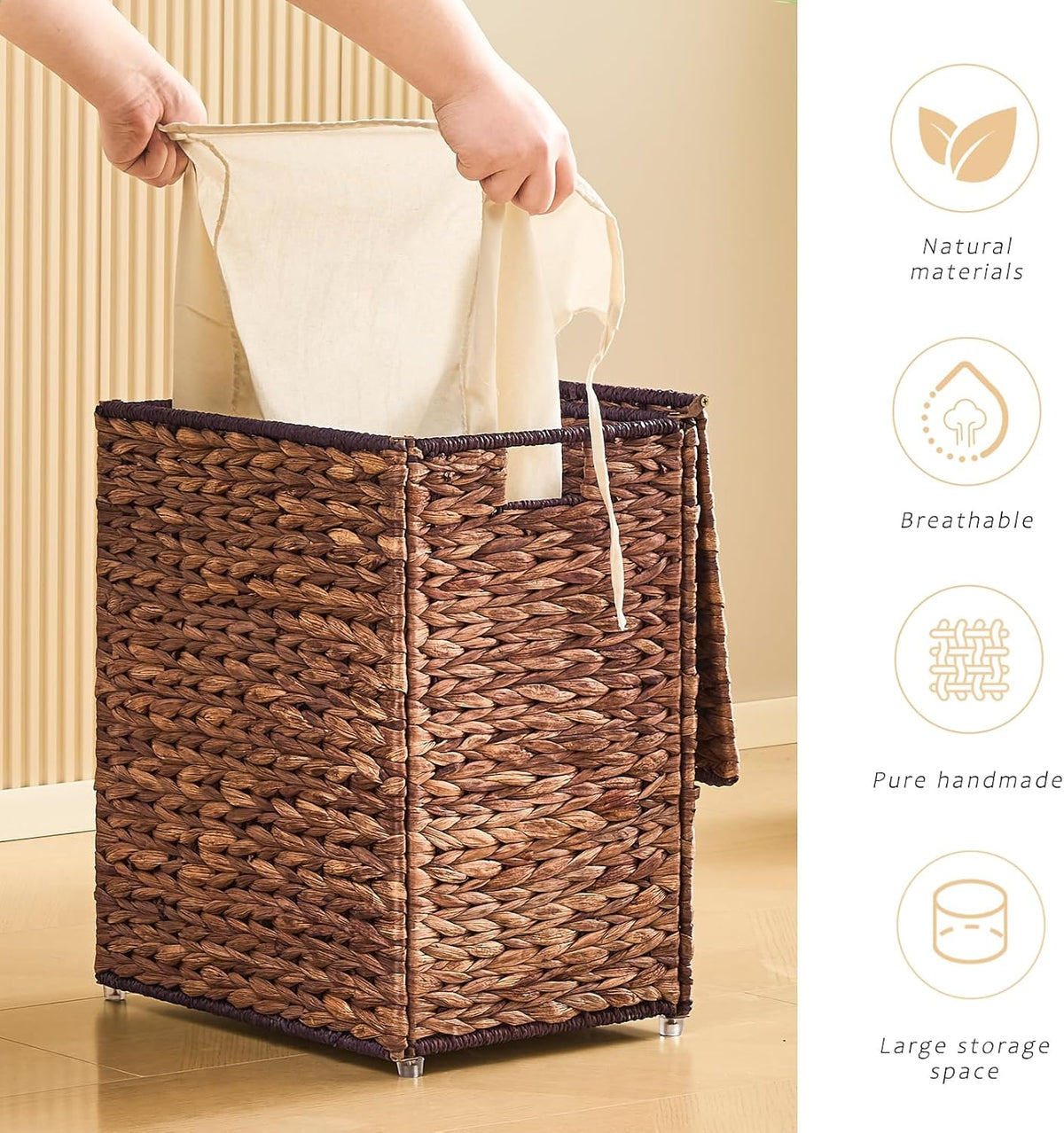 Handwoven Laundry Basket with Lid, Natural Water Hyacinth Storage Basket with Handle, Removable Cotton Liner, Durable and Stylish for Bedroom, Bathroom, Laundry Room