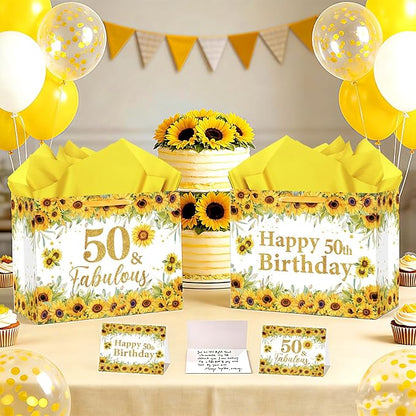 50th Birthday Gift Bag for Women Sunflower 50 and Fabulous 50th Birthday Bag with Wrapping Paper and Card Sunflower 1976 Birthday Gift Wrap Paper Bags for Mom 50 Years Old Bday Anniversary Supplies