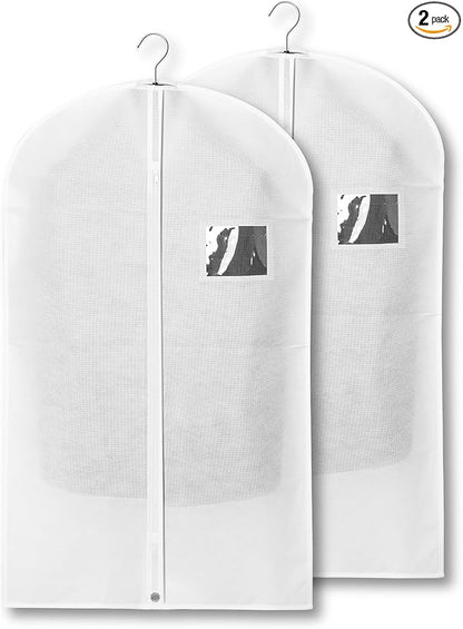 2-Pack Breathable Garment Bags for Hanging Clothes – Dust-Proof Suit & Dress Covers with Clear Window – Waterproof, Foldable Closet Storage Organizer for Coats, Gowns, and Jackets (White, 40")