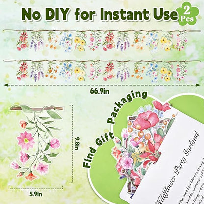 Pre-Strung Flower Garland Wildflower Banner, 2Pcs Reusable Floral Garlands for Bridal Shower Wedding Baby Bloom Garden Birthday Woodland Tea Party Decorations