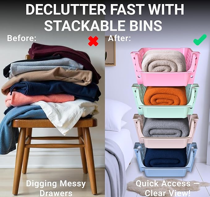 TidyFriend 4 Pack Stackable Storage Bins Open Front for Pantry Organizers and Storage, Plastic Storage Bins, Dorm Room Essentials, Pantry Storage for Food, Kitchen and Home Organization (Multi)