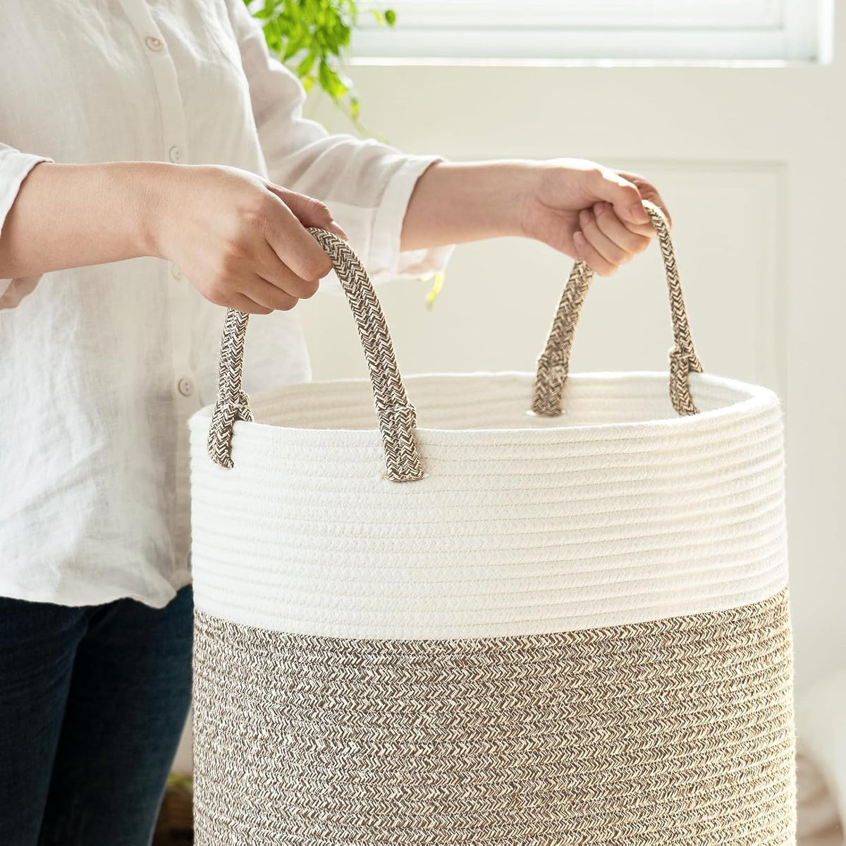 INDRESSME Tall Wicker Laundry Basket, Large Woven Clothes Hamper for Bedroom, Bathroom, Living room, Tall Nursery Hamper for Blankets, Toys, 16 x 20 inches White & Brown