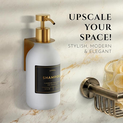 Shower Shampoo Dispenser Wall Mounted – Refillable 16.9 oz White Bottle with Stainless Steel Pump & No-Drill Adhesive Holder – Soap Dispenser for Bathroom (1 X White/Gold)