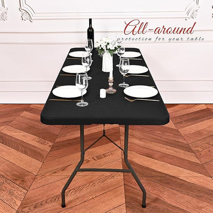 6 Pack Stretch Fabric Table Top Cap Cover, fits 8Ft Tables, Spandex Table Covers Washable Elastic Universal Rectangle Tablecloth Protector for Indoor Outdoor Party Picnic Wedding, Black, 30" W x 96" L