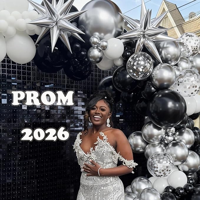 Black Silver Balloon Arch Kit Graduation Decorations 2026, 130Pcs Black and Gold Balloons and Foil Star Balloon with Confetti Ribbons Grad Party Decorations for College High School Class of 2026