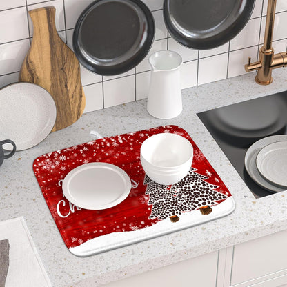 Merry Christmas Tree Red Dish Drying Mat for Kitchen Counter,Winter Snowflake Pine Drying Mat 16 x 18 Inch with Absorbent Reversible Microfiber Dish