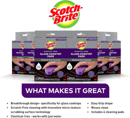 Scotch-Brite Glass Cooktop Pads, Scratch-Free & Non-Abrasive Scrubbers for Glass or Ceramic Stovetops, Cleans Burnt-On Messes with Just Water, Reusable Dishwasher-Safe Design (12 Pads)