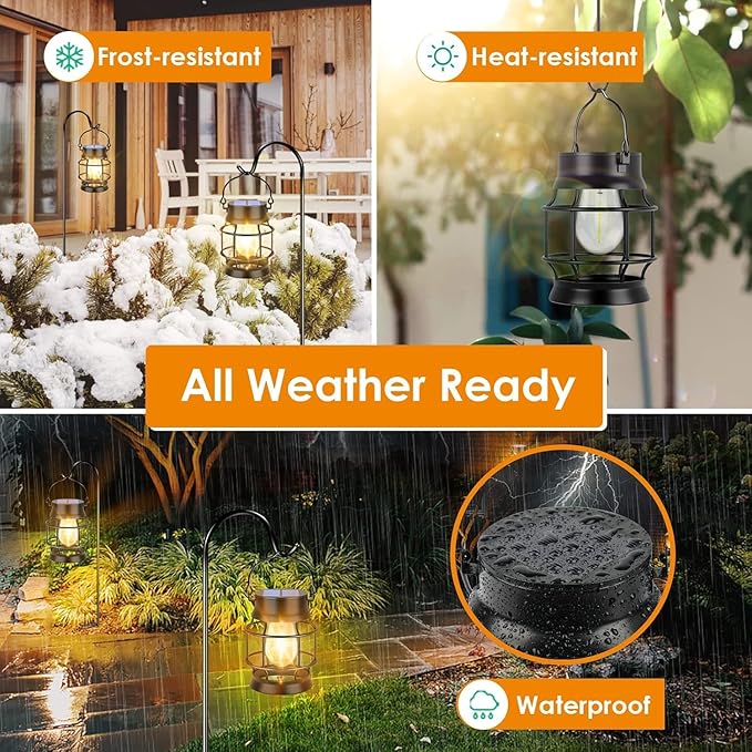 TomCare Solar Lanterns Lights Outdoor Waterproof Metal Hanging Solar Lights Lantern for Outdside Decorative Patio Porch Garden Lawn, 2 Pack (Warm White)