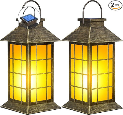 2 Pack 13" Patina Solar Lantern with Flickering Flame Candle | Outdoor Waterproof Hanging Lanterns, Metal & Glass Solar Lights for Garden Decoration, Rustic Outdoor Gifts for Mom