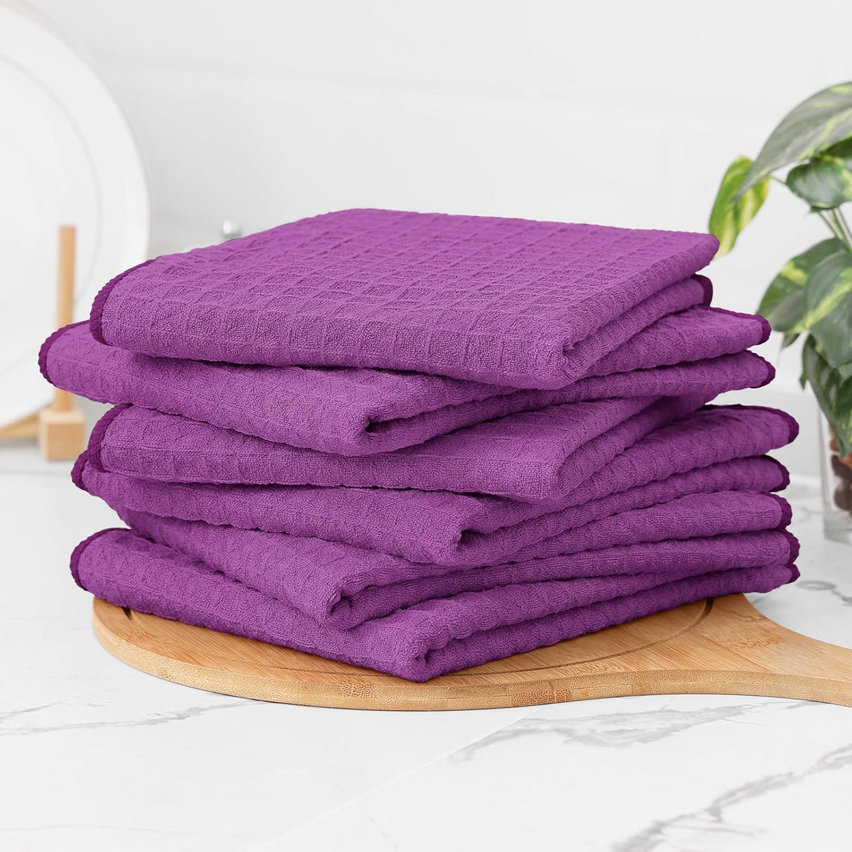 Homaxy Microfiber Waffle Weave Kitchen Towels, 16 x 28 Inch Ultra Absorbent and Solid Color Dish Towels, 8 Pack, Purple