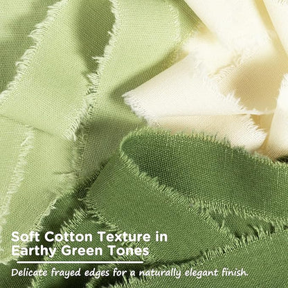 Green Cotton Ribbon 1 Inch Sage, Moss & Ivory 3 Rolls 21 Yards Frayed Edge Fabric Set for Boho Rustic Wedding Invitations, Bridal Bouquets, Gift Wrapping, DIY Crafts, Spring Home Decor