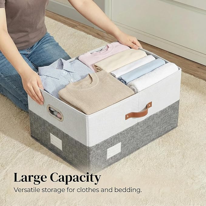PRANDOM Storage Bins with Lids [3-Pack] Linen Fabric Foldable Storage Boxes Organizer Containers Baskets Cube with Cover for Bedroom Closet Office Grey&White (23.4X15.9X11.4)