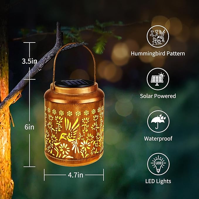 Brizled Hummingbird Solar Lantern Outdoor, 2 Pack Hanging Solar LED Lantern Waterproof, Warm White Outdoor Tabletop Lantern Lamp, Decorative Garden Lights for Patio Yard Porch Pathway Lawn Home Decor