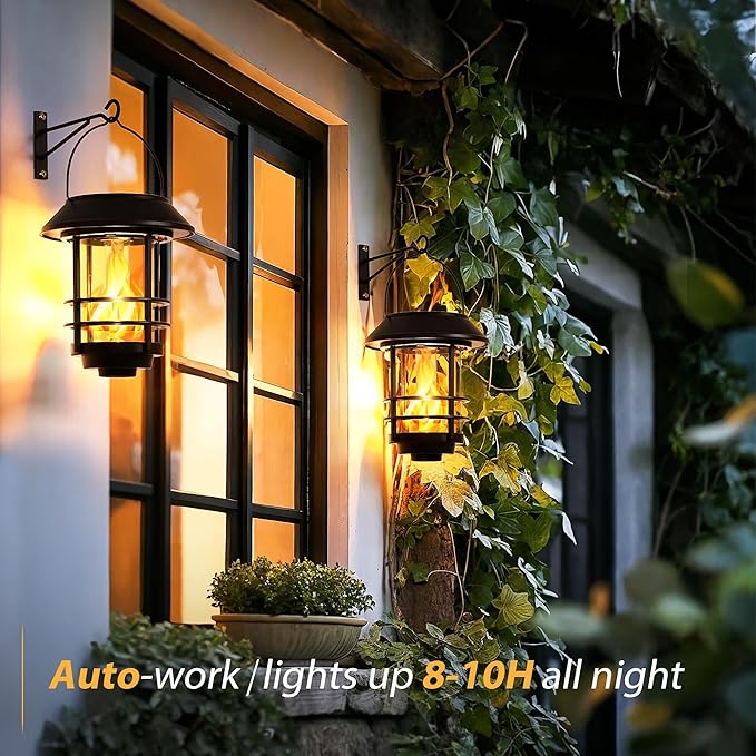 Otdair Solar Lanterns Outdoor Waterproof, 4 Pack Flickering Flames Wall Garden Decor with Glass Shade, Hanging Solar Lights Wall Mount Decorations for Halloween, Front Porch, Patio, Yard.