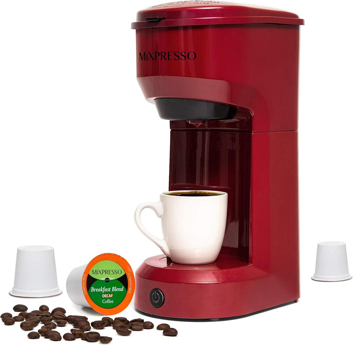 Mixpresso 2 in 1 Coffee Brewer, Single Serve & Personal Coffee Maker, Compact Size Mini, Quick Brew Technology, 14oz Red