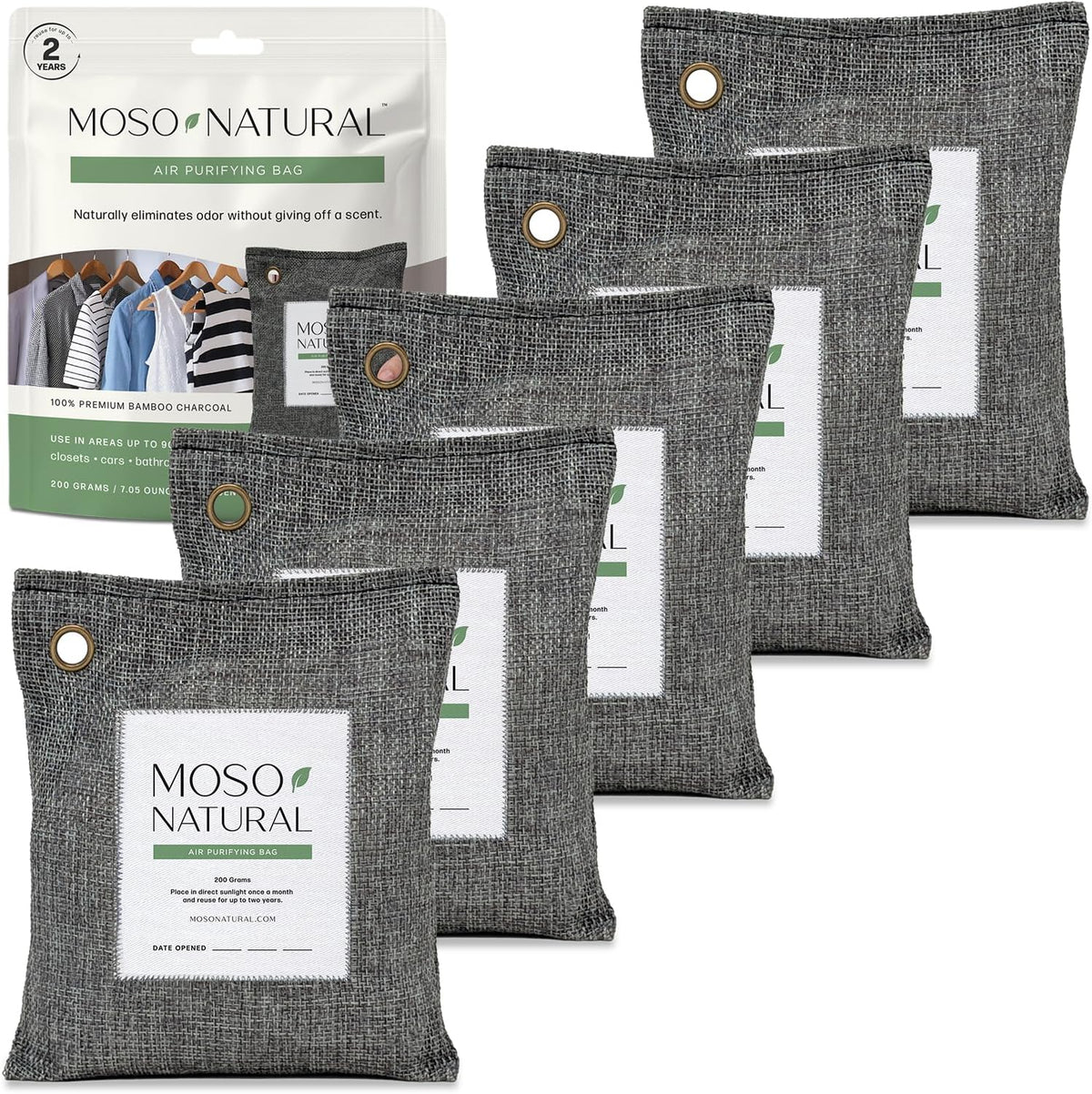 Moso Natural Air Purifying Bag 200g (5 Pack) Bamboo Charcoal Odor Absorber for Home & Car | Closet Odor Eliminator, Small Room Deodorizer & Car Air Freshener | Long Lasting Charcoal Bags Cover 90sqft