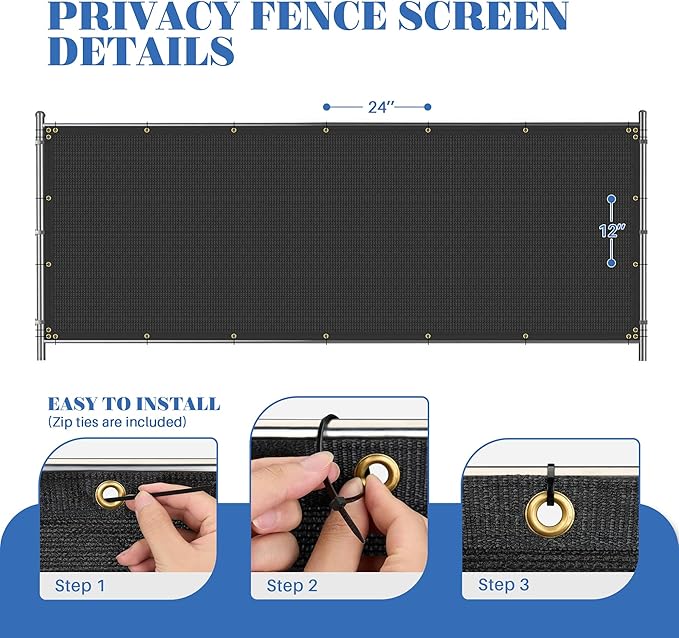 ECOOPTS 4'x193' Privacy Fence Screen Windscreen with Copper Grommets, Fit for Commercial Fence and Residential Garden Outdoor 90% UV Blockage, Cable Zip Ties Included (Black)