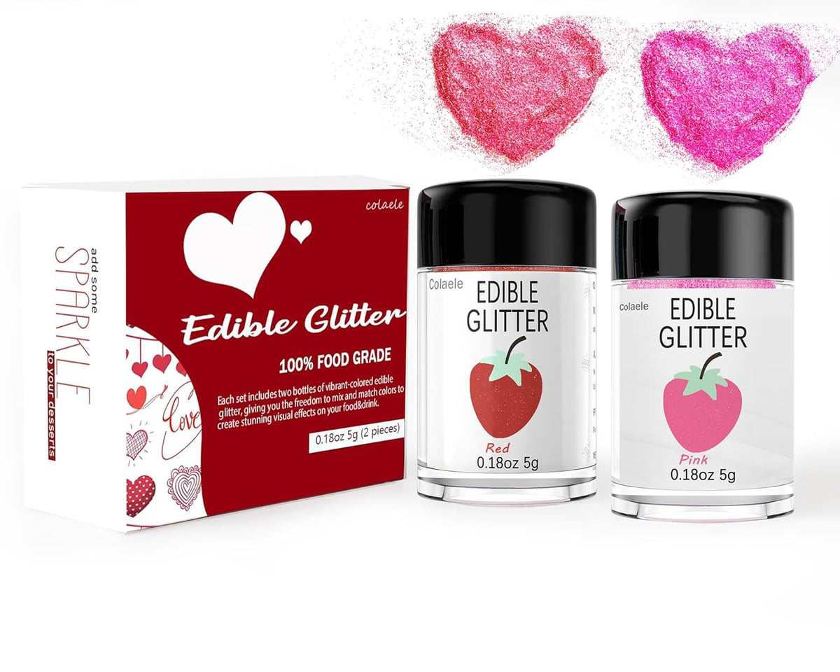 Red Pink Edible Glitter Glimmer Powder for Cakes Drinks - Valentine's Colaele 5 grams Food Grade Luster Dust Metallic Food Decorating Sprinkle Disco