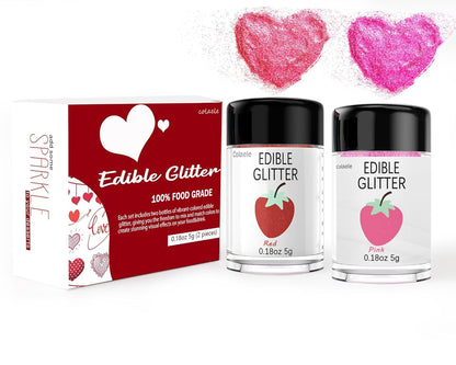 Red Pink Edible Glitter Glimmer Powder for Cakes Drinks - Valentine's Colaele 5 grams Food Grade Luster Dust Metallic Food Decorating Sprinkle Disco