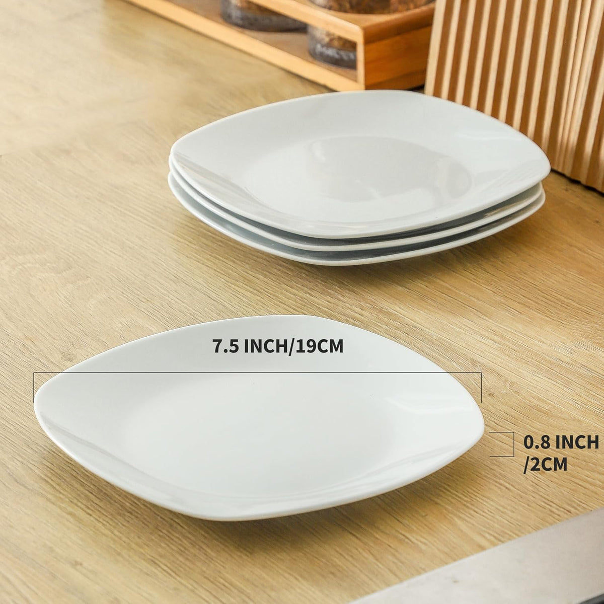 fMBB Ceramic White Dinner Plates Set of 4, Porcelain Square 7.5 inch Dessert Dishes, Serving Flat Plates Salad Dishes - Scratch Resistant, Dishwasher