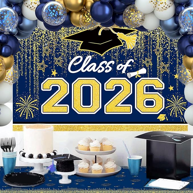 Graduation Decorations 2026, Blue and Gold Balloon Garland Arch, Navy Blue Graduation Decorations with Congrats Grad Tablecloth and Class of 2026 Backdrop for High School College Grad Party Supplies