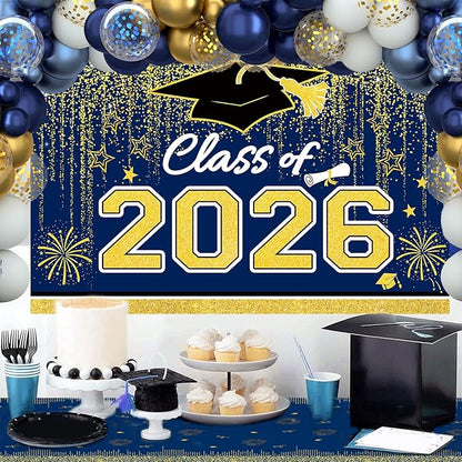 Graduation Decorations 2026, Blue and Gold Balloon Garland Arch, Navy Blue Graduation Decorations with Congrats Grad Tablecloth and Class of 2026 Backdrop for High School College Grad Party Supplies