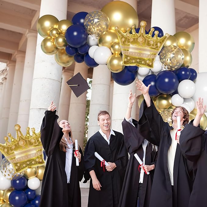 Ouddy Life 142pcs Navy Blue and Gold Balloons Garland Arch Kit, Class of 2026 Decorations Graduation Royal Blue Balloon Gold White Confetti Balloons Foil Crown for College Baby Shower Birthday Party
