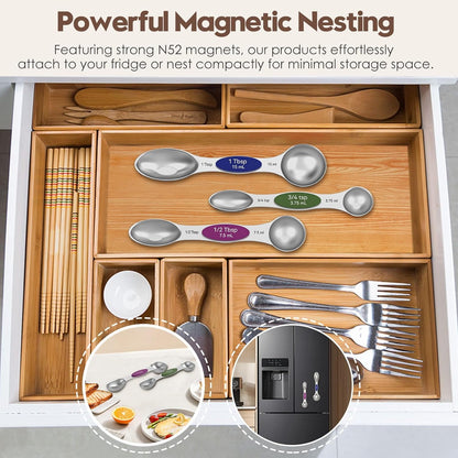 Magnetic Measuring Spoons Set of 8 - Heavy Duty 304 Stainless Steel, Triple Measurement Markings, Strong N52 Magnets, Easy to Clean