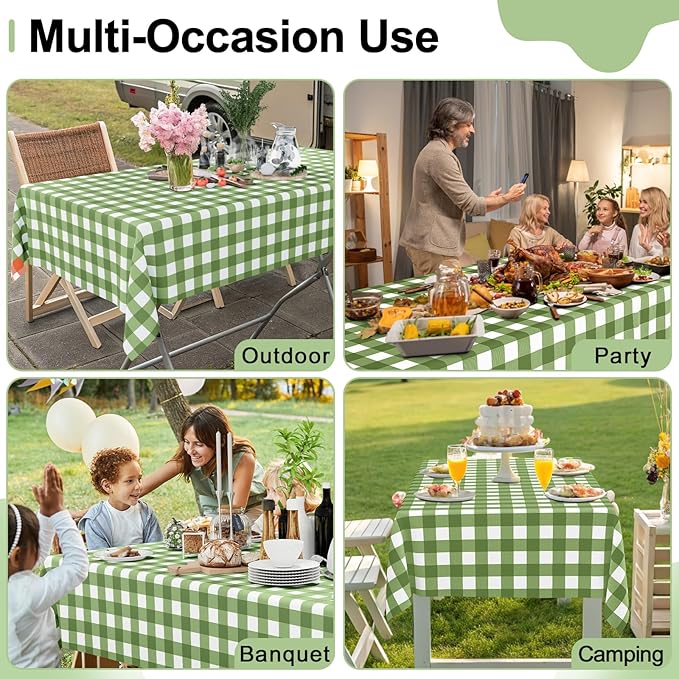 Smiry 3 Pack Sage Green Gingham Disposable Tablecloths - 54" x 108" Heavy Duty Plastic Table Cloth, Waterproof Buffalo Plaid Table Covers for Picnic, Banquets, Outdoor, Easter