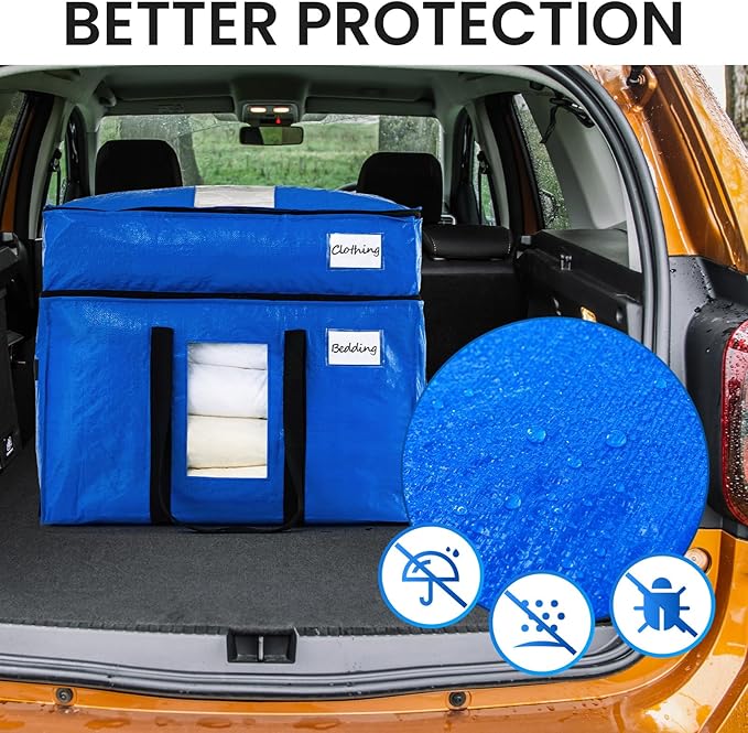 TAILI 2 Tier Extra Large Moving Bags, 4 Pack Blue Heavy Duty Totes for Storage with Visible Window, Wrap Around Handles, Storage Bags for Space Saving, Alternative to Moving Boxes
