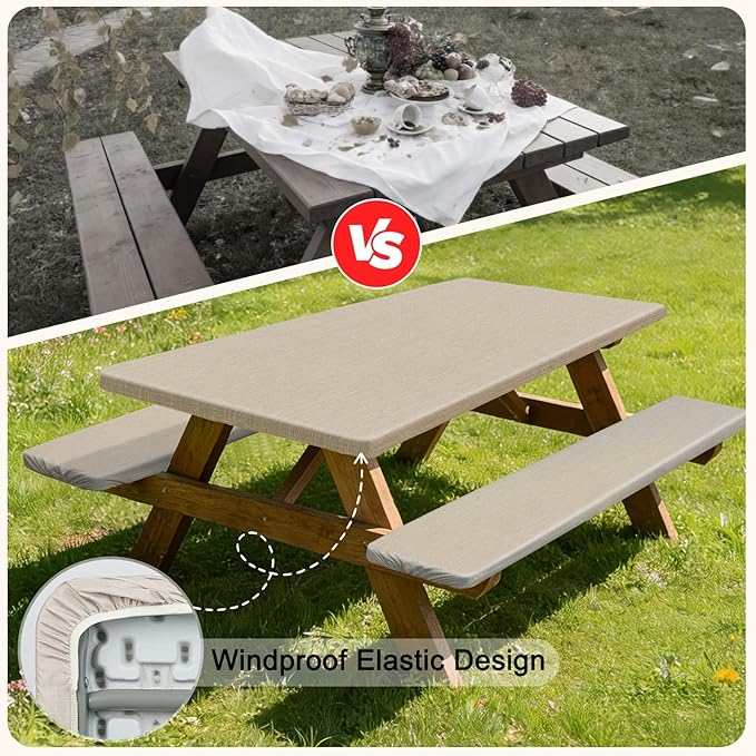 Picnic Table Cover with Bench Covers Windproof Waterproof Picnic Table Covers Camping Tablecloth with Self-Storage Bag, 72in, Light Brown