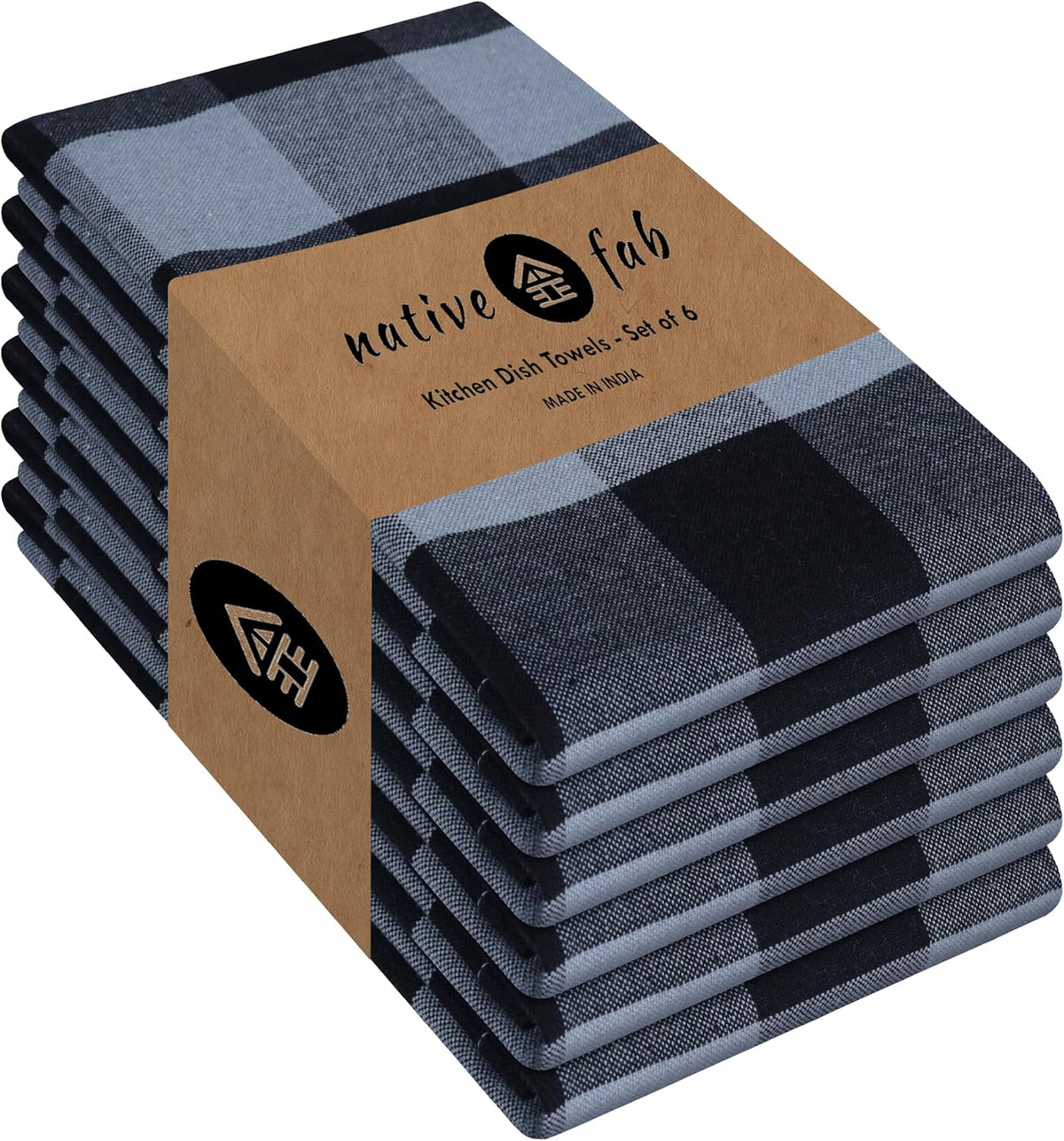 Native Fab 6 Pack Buffalo Check Kitchen Dish Towels, Cotton, Durable, Washable 16"x26" - Tea Towel, Soft Absorbent Cleaning Towels