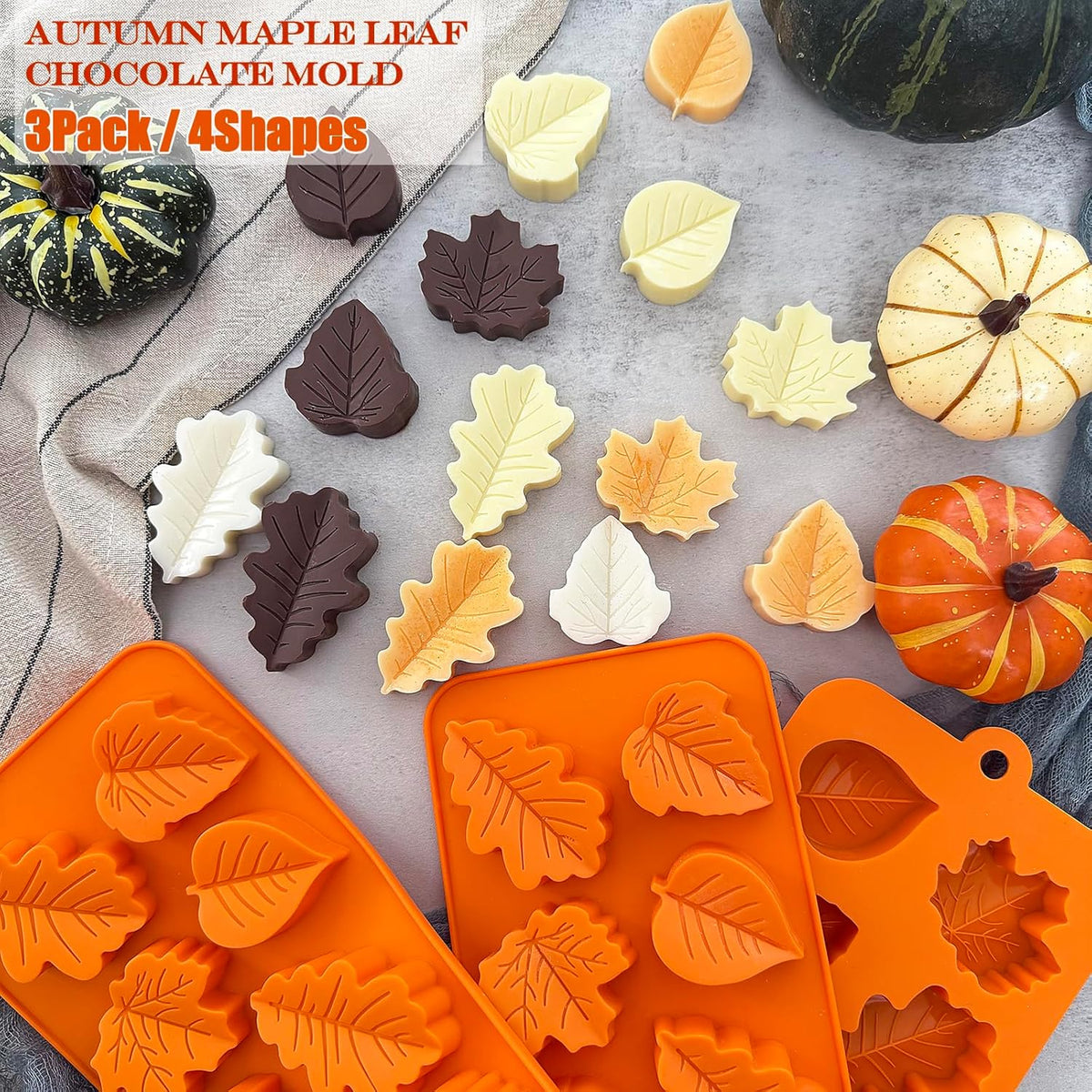 3Pack Fall Chocolate Mold.Maple Leaf Silicone Candy Mold Thanksgiving Ice Cube Molds Autumn Theme Thanksging Baking Molds for Jello Soap Candle Cake