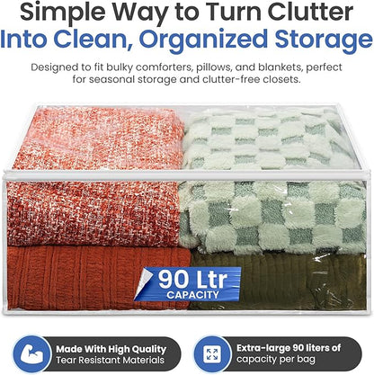 Handy Laundry Blanket Storage Bags - 90 L, Pack Of 4, Zippered Large Clear Plastic Storage Bag, Shield Your Quilt Blankets, Bedding & Clothes from Dust, Dirt & Moisture, Gliding Zipper for Easy Access